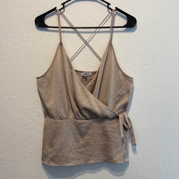 Express Elegant Sparkly Taupe Wrap Cross Camisole Gold Tie Front Blouse Size L/G - Picture 3 of 9